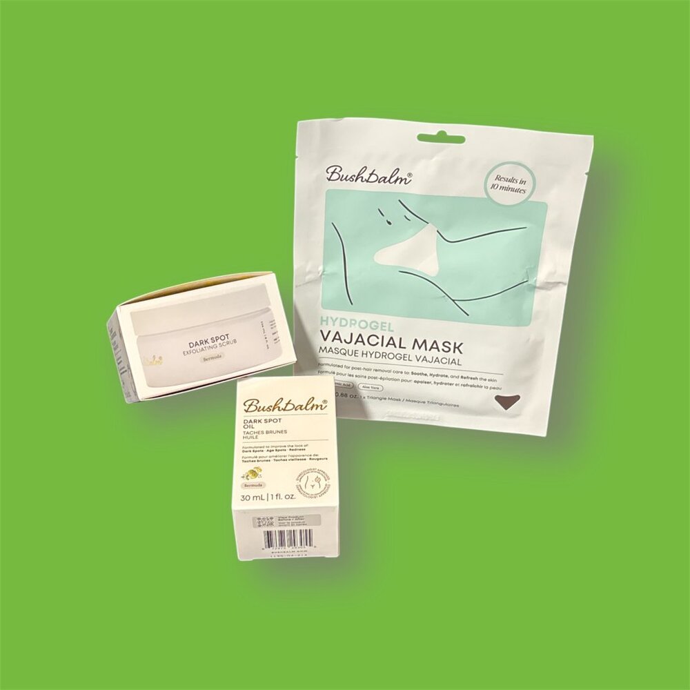 Bushbalm 3 piece set includes Dark Spot Ecxfoliating Scrub. Dark Spot Oil & Mask